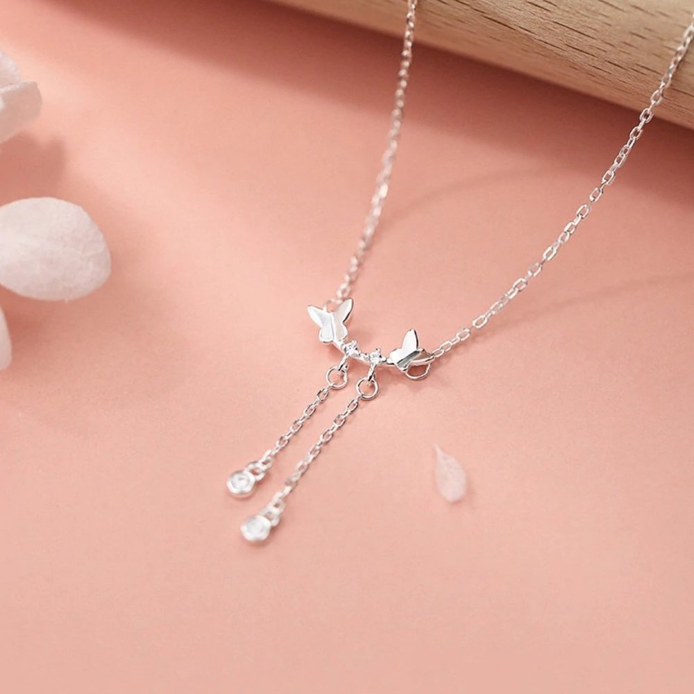 NEW 925 Sterling Silver Diamond Butterfly Necklace